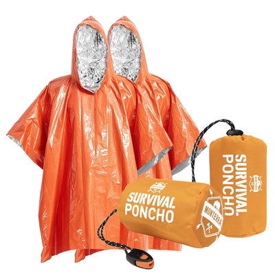 “2-pack Monterra emergency survival ponchos in bright orange – thermal space blanket material”