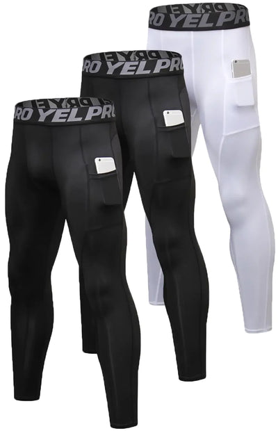 “3-pack of Queerier men’s compression pants with side pockets for training and athletic wear”