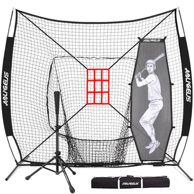 “AOLIGEIJS 7x7 baseball and softball training net with strike zone, tee, and bow frame – all-in-one hitting and pitching practice set in black”
