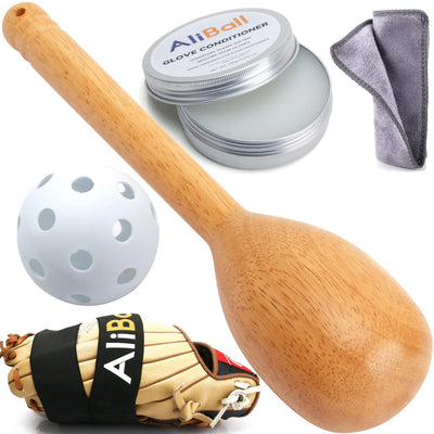 “AliBall 5-piece glove break-in kit with heavy mallet, conditioner, shaping bands, and sponge applicator”