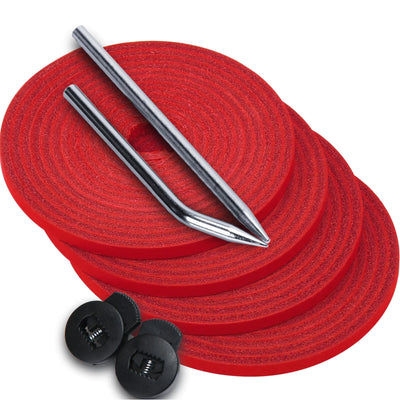 Red shoelaces with silver lace needles and black shoe buckles on a white background