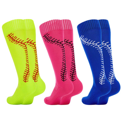“American Trends girls 3-pack athletic knee-high softball socks in rose red, yellow, and blue – youth size M”