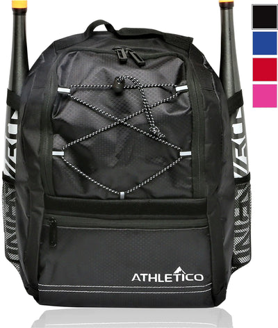 “Athletico youth baseball backpack in black – holds bat, helmet, glove, cleats with fence hook for t-ball and softball players”