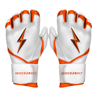 “BRUCE BOLT Chrome Series long cuff batting glove in orange – adult medium size”