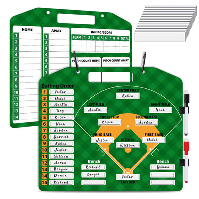 “Baseball coach lineup board set with magnets, dry erase pens, lineup cards and dugout hooks – double-sided clipboard for game management”