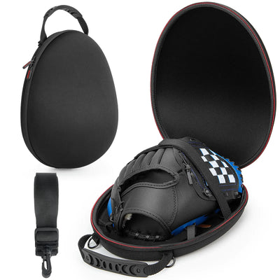 Black carrying case with a strap for a glove, open to reveal a black glove with a checkered pattern.