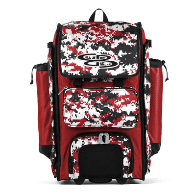 Red and black camouflage backpack with a brand logo on a white background