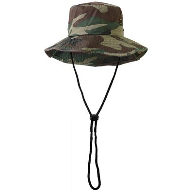 Camouflage bucket hat with a black cord on a white background