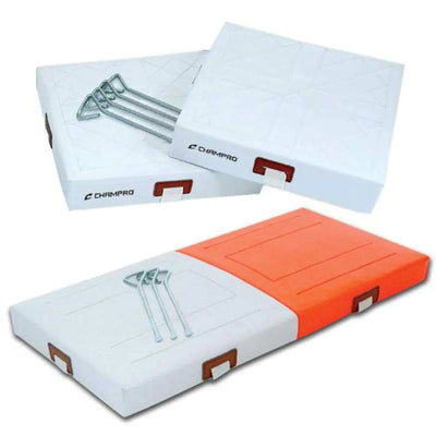 “Champro quilted base set with two white bases and one orange/white safety double first base – outdoor baseball or softball”