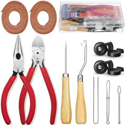 “Complete tan baseball glove relacing kit with tools, leather laces, glove locks, and storage box”