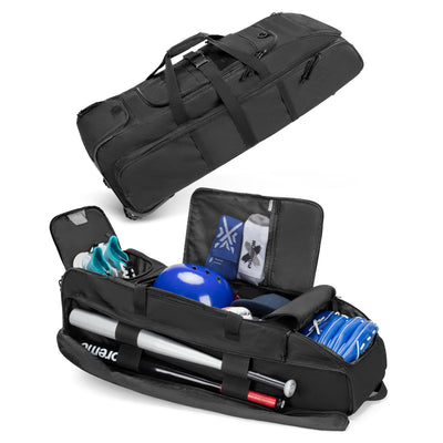 “DSLEAF rolling baseball and softball bag with bat holders, cleat compartment, and multiple gear pockets – catcher’s wheeled equipment bag”