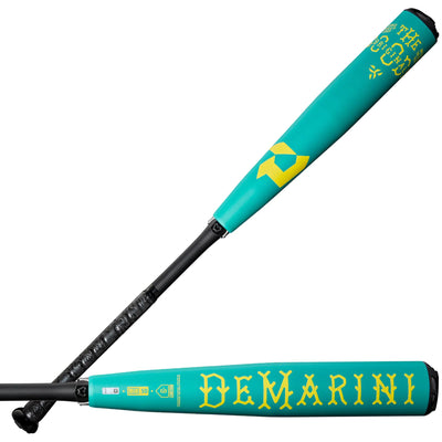 Teal and black baseball bat with 'DeMarini' branding on a white background