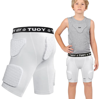 “Dialudon white youth padded compression shorts for football and baseball with protective girdle padding”