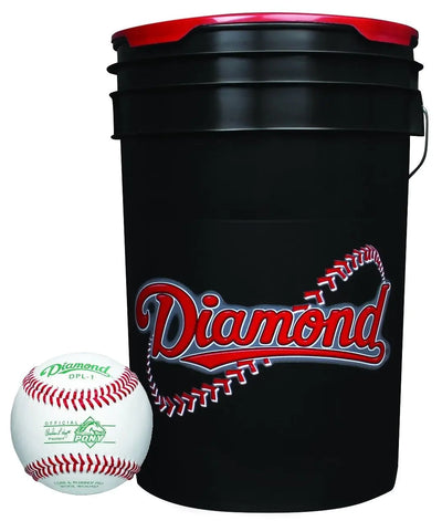 “Diamond 6-gallon ball bucket with padded lid and 30 DPL-1 Pony League baseballs – ideal for team practice and coach use”