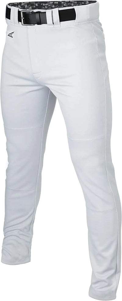 White baseball pants with a black belt on a white background