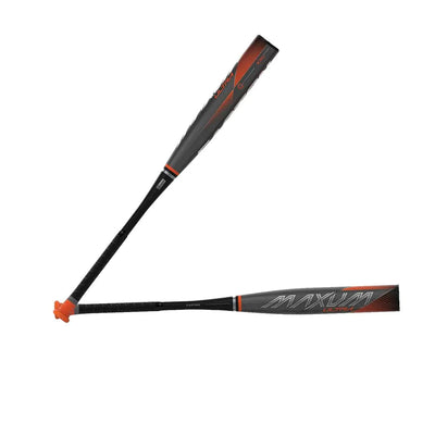 Black and orange baseball bat with 'Maxum' branding on a white background