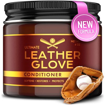 Jar of leather glove conditioner with a baseball and glove on a white background