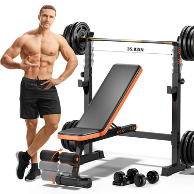 “Fostoy adjustable weight bench with squat rack, 770lb capacity, for Olympic lifting and home gym setups”