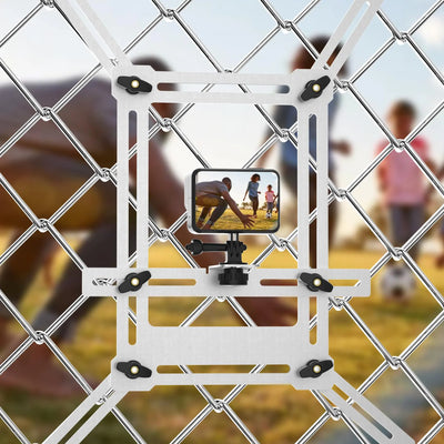 “Gitaobac fence mount clip holding a phone and GoPro – perfect for filming baseball or softball games from behind the fence”