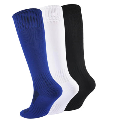 “Hakugoo 3-pack knee-high athletic socks for boys ages 7–10 – black, white, and blue – perfect for baseball, soccer, football, and softball”