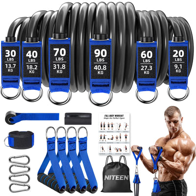 “Heavy resistance bands set with 6 levels up to 310 lbs – includes handles, ankle straps, and door anchor for strength training”