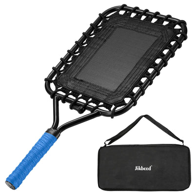 Black fishing net with blue handle and black carrying case on a white background