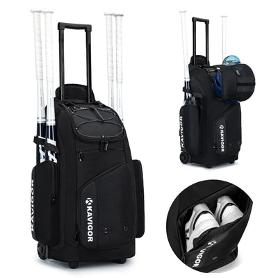 Black sports bag with rolling wheels, tennis rackets, and shoes on a white background