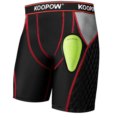 “KOOPOW youth sliding shorts in black and red with padded hips and soft protective athletic cup”