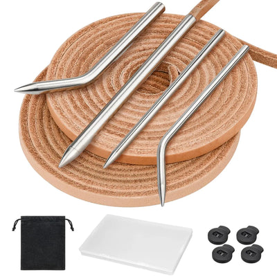 Set of metal tent stakes on a wooden disc with accessories below.