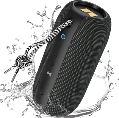 Black portable speaker with water splashes and a rope on a white background