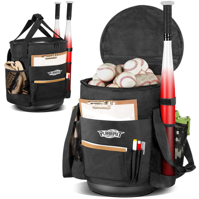 “PLAYAPUT baseball bucket bag with EVA anti-slip base and storage pockets – holds 72 baseballs or 30 softballs”