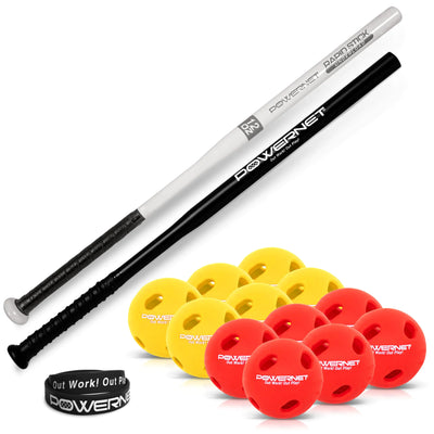 “PowerNet overload and underload bat training bundle with two weighted bats and 12 training balls”