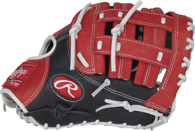 “Rawlings Breakout Youth 12 inch First Base Mitt with Modified H-Web in navy, red, and white”
