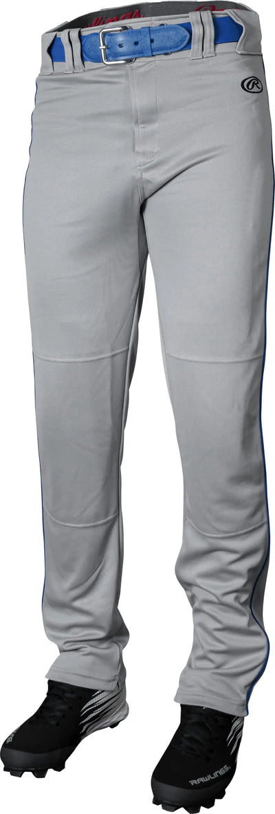 “Rawlings Launch Series youth baseball pants – full-length grey pants with royal piping – size small”