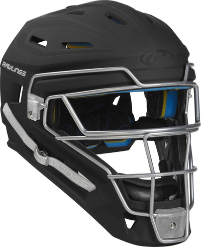 “Rawlings MACH senior catcher’s helmet in black – NOCSAE certified, pro-level protection”