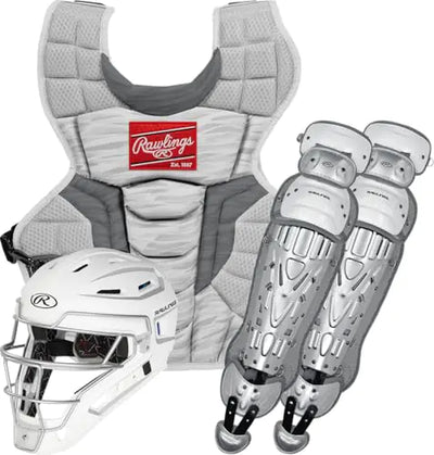 Rawlings VELO 2.0 Youth Catcher’s Set – white and silver baseball gear for players 12 and under, includes helmet, chest protector, and leg guards