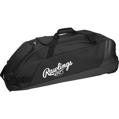 “Rawlings WORKHORSE wheeled equipment bag in black – heavy-duty rolling gear bag for baseball and softball players”
