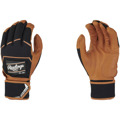Pair of brown and black gloves with Rawlings logo on a white background