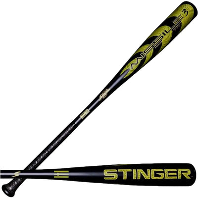 Black and yellow baseball bat with 'Stinger' branding on a white background