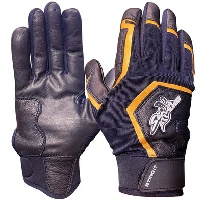 Pair of black and orange gloves with a brand logo on a white background