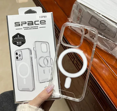 “Transparent magnetic phone case with built-in MagSafe ring for iPhone 14, 15, or 16 models”