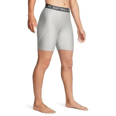 “Under Armour women’s softball slider shorts – gray with nimbus blue accents, size large”