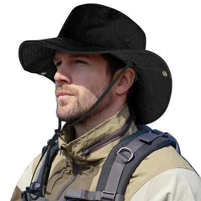 Man wearing a black wide-brimmed hat and beige jacket with a backpack on a white background