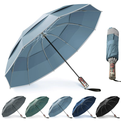 “Urvoix compact golf umbrella in light blue – windproof 10-rib aluminum and fiberglass frame with reflective stripe and auto-close function”