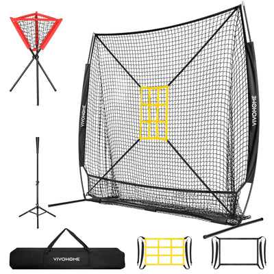 “VIVOHOME 7x7 baseball and softball hitting net set with tee, ball caddy, strike zone, and carry bag for training”