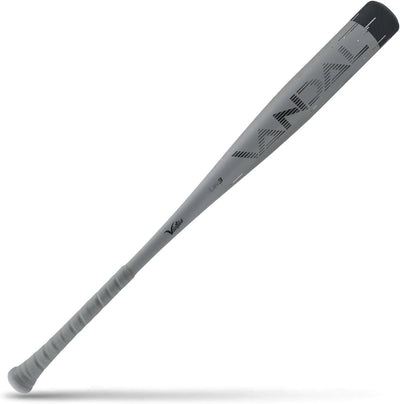 Gray baseball bat with black text on a white background