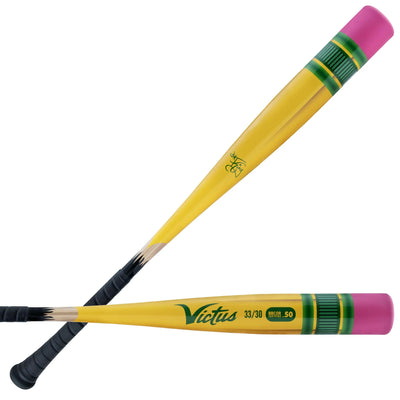 Two yellow baseball bats with pink ends and green accents on a white background