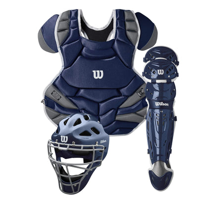 “WILSON C1K NOCSAE adult catcher’s gear set in navy – helmet, chest protector, and leg guards”