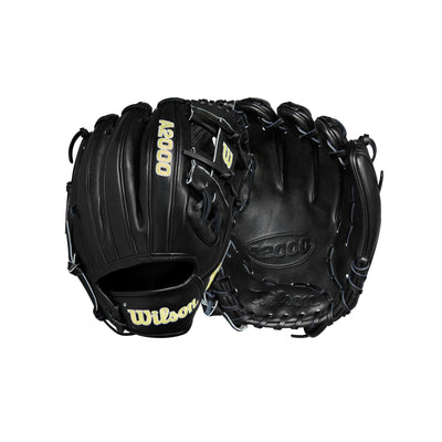 Black baseball gloves with Wilson and A2000 branding on a white background