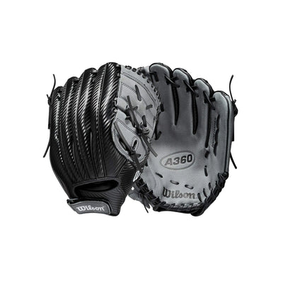 “Wilson A360 12 inch utility baseball glove with V-Lace web – right hand throw – black and grey”
